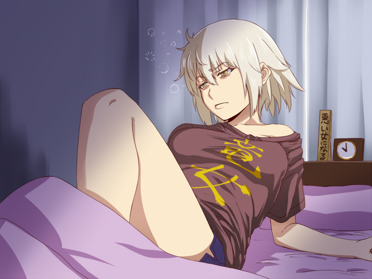 1girl arm_support blue_shorts boyshorts breasts breasts_apart brown_shirt clock closed_mouth confused curtains fate/grand_order fate_(series) grey_hair half-closed_eyes indoors ishii_hisao jeanne_d'arc_(alter)_(fate) jeanne_d'arc_(fate)_(all) knee_up medium_breasts off-shoulder_shirt off_shoulder shirt short_hair shorts single_bare_shoulder solo waking_up yellow_eyes