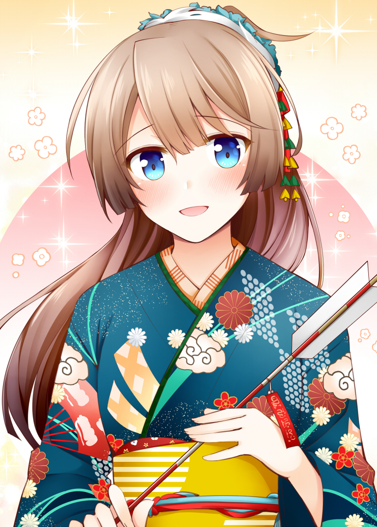 1girl :d alternate_costume aqua_kimono arrow bangs blue_eyes blush brown_hair commentary_request fingernails floral_print hamaya holding_arrow holding_hamaya japanese_clothes kantai_collection kazagumo_(kantai_collection) kimono long_hair long_sleeves looking_at_viewer obi open_mouth ponytail revision rui_shi_(rayze_ray) sash smile solo upper_body wide_sleeves