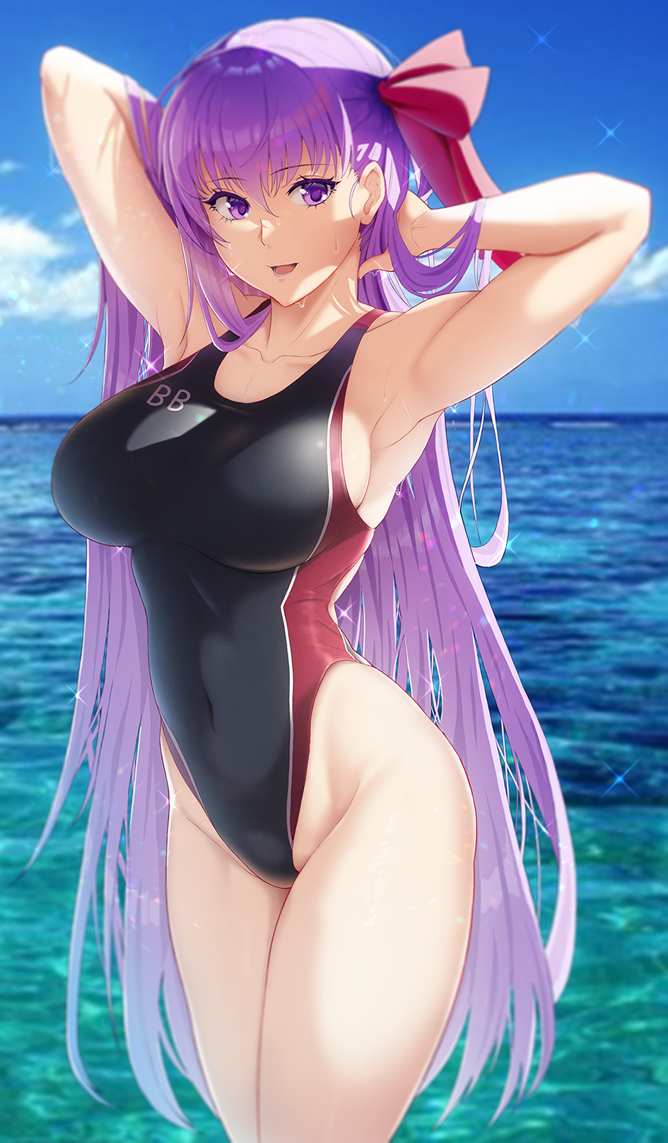 1girl :d armpits arms_up bangs bare_hips bb_(fate)_(all) bb_(fate/extra_ccc) black_swimsuit blue_sky blurry blurry_background blush breasts clouds collarbone competition_swimsuit cowboy_shot day depth_of_field eyebrows_visible_through_hair fate/grand_order fate_(series) groin hair_ribbon happymonk highleg highleg_swimsuit highres large_breasts looking_at_viewer ocean one-piece_swimsuit open_mouth outdoors pink_ribbon purple_hair ribbon sky smile solo sparkle straight_hair swimsuit thighs violet_eyes water wet