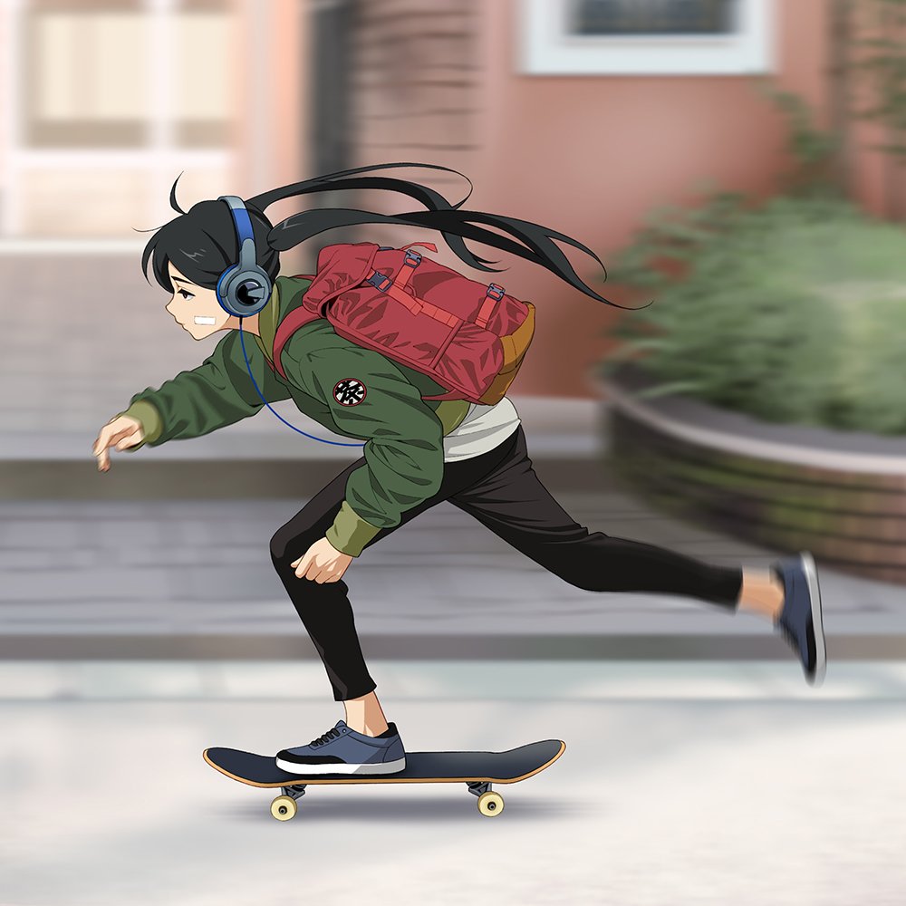 1girl backpack bag bandage_on_face black_hair blue_footwear blurry blurry_background building green_jacket headphones jacket long_sleeves no_socks original pants red_backpack shirt shoes short_hair_with_long_locks skateboard skateboarding skinny_jeans sneakers solo suzushiro_(suzushiro333) white_shirt wire