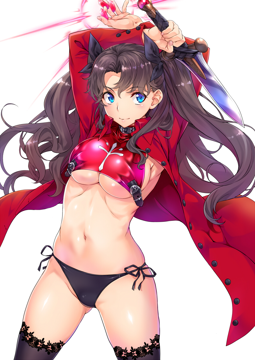 1girl armpit_peek arms_up ass_visible_through_thighs bangs black_legwear black_panties blue_eyes breasts brown_hair coat cowboy_shot crop_top dagger fate/stay_night fate_(series) groin highres holding large_breasts long_hair long_sleeves looking_at_viewer nagayori navel no_pants open_clothes open_coat panties parted_bangs red_coat ruby_(gemstone) side-tie_panties simple_background sleeveless solo standing stomach thigh-highs toosaka_rin two_side_up under_boob underwear weapon white_background
