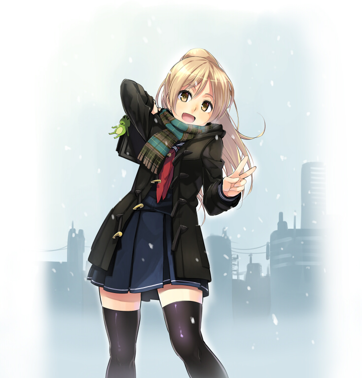 1girl bag black_coat blonde_hair blue_background building check_copyright coat commentary_request denchuubou feet_out_of_frame long_hair looking_at_viewer medium_skirt navy_blue_skirt open_mouth original plaid plaid_scarf pleated_skirt ponytail scarf school_uniform serafuku skirt smile snow solo thigh-highs v yellow_eyes