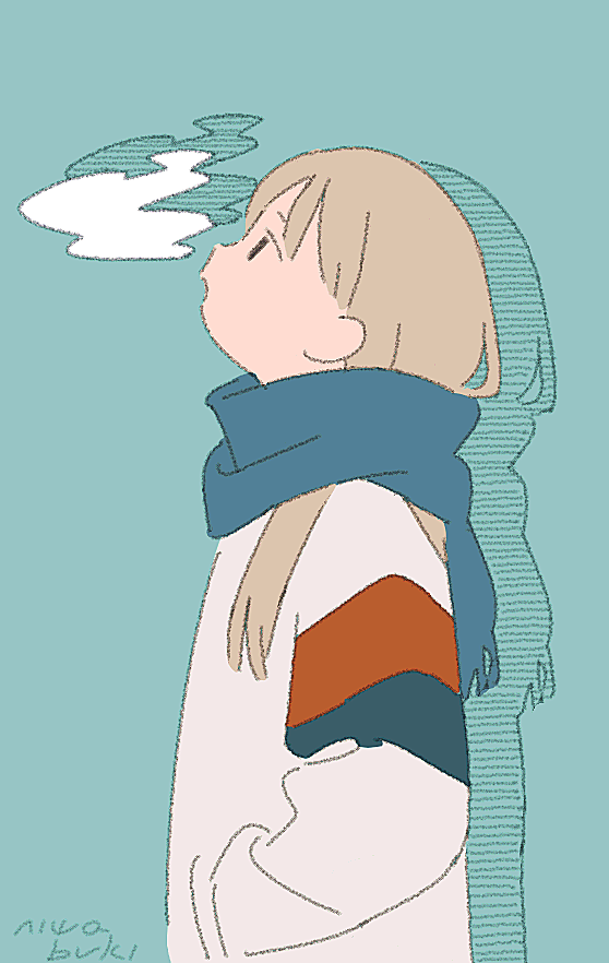 1girl :o aqua_background blonde_hair blue_scarf breath enpera expressionless from_side hands_in_pockets long_hair long_sleeves looking_away looking_up multicolored multicolored_clothes niwabuki open_mouth original profile scarf shadow signature simple_background solo tareme upper_body winter_clothes
