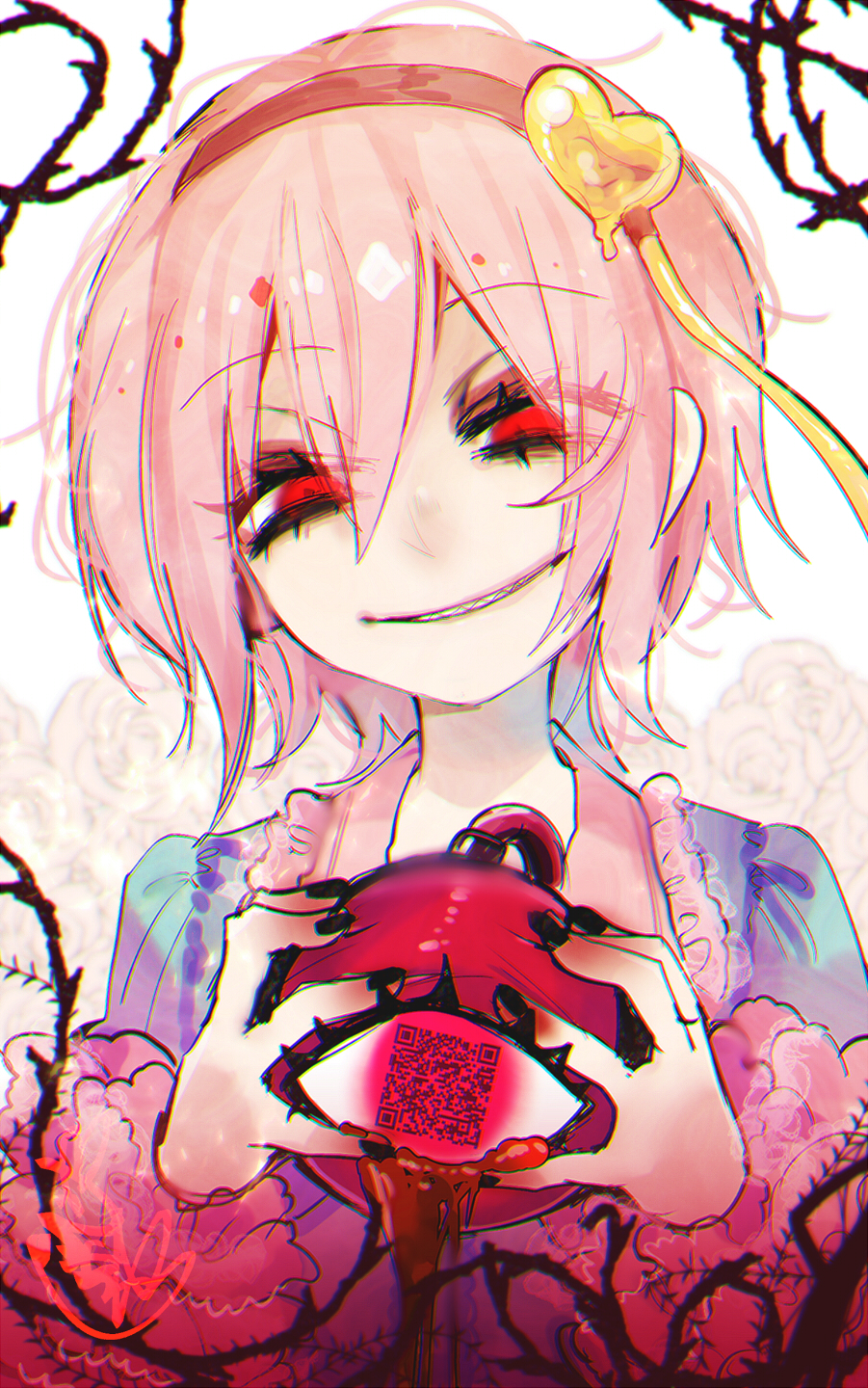 1girl bags_under_eyes black_nails bleeding blood bloody_tears check_commentary commentary_request eyebrows_visible_through_hair eyes_visible_through_hair floral_background fua_yuu grin hair_between_eyes hairband head_tilt highres holding komeiji_satori long_sleeves looking_at_viewer messy_hair pink_hair plant qr_code red_eyes sharp_teeth short_hair smile solo symbol-shaped_pupils teeth touhou upper_body vines