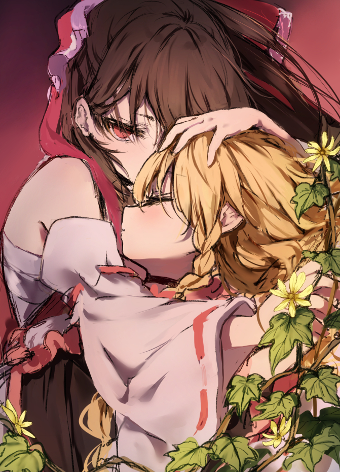 2girls bangs bare_shoulders blonde_hair bow brown_hair closed_eyes commentary_request detached_sleeves eyebrows_visible_through_hair flower frilled_bow frills gradient gradient_background hair_bow hakurei_reimu hug kirisame_marisa leaf long_hair long_sleeves looking_at_viewer multiple_girls no_hat no_headwear piyokichi profile red_background red_bow red_eyes revision sarashi touhou upper_body wide_sleeves yellow_flower yuri