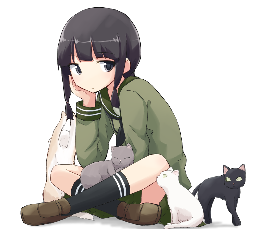 1girl animal bangs black_eyes black_hair black_legwear black_neckwear brown_footwear cat chin_rest crossed_legs eyebrows_visible_through_hair green_serafuku kakizaki_(chou_neji) kantai_collection kitakami_(kantai_collection) kneehighs long_hair long_sleeves sailor_collar school_uniform serafuku shadow sidelocks simple_background sitting white_background