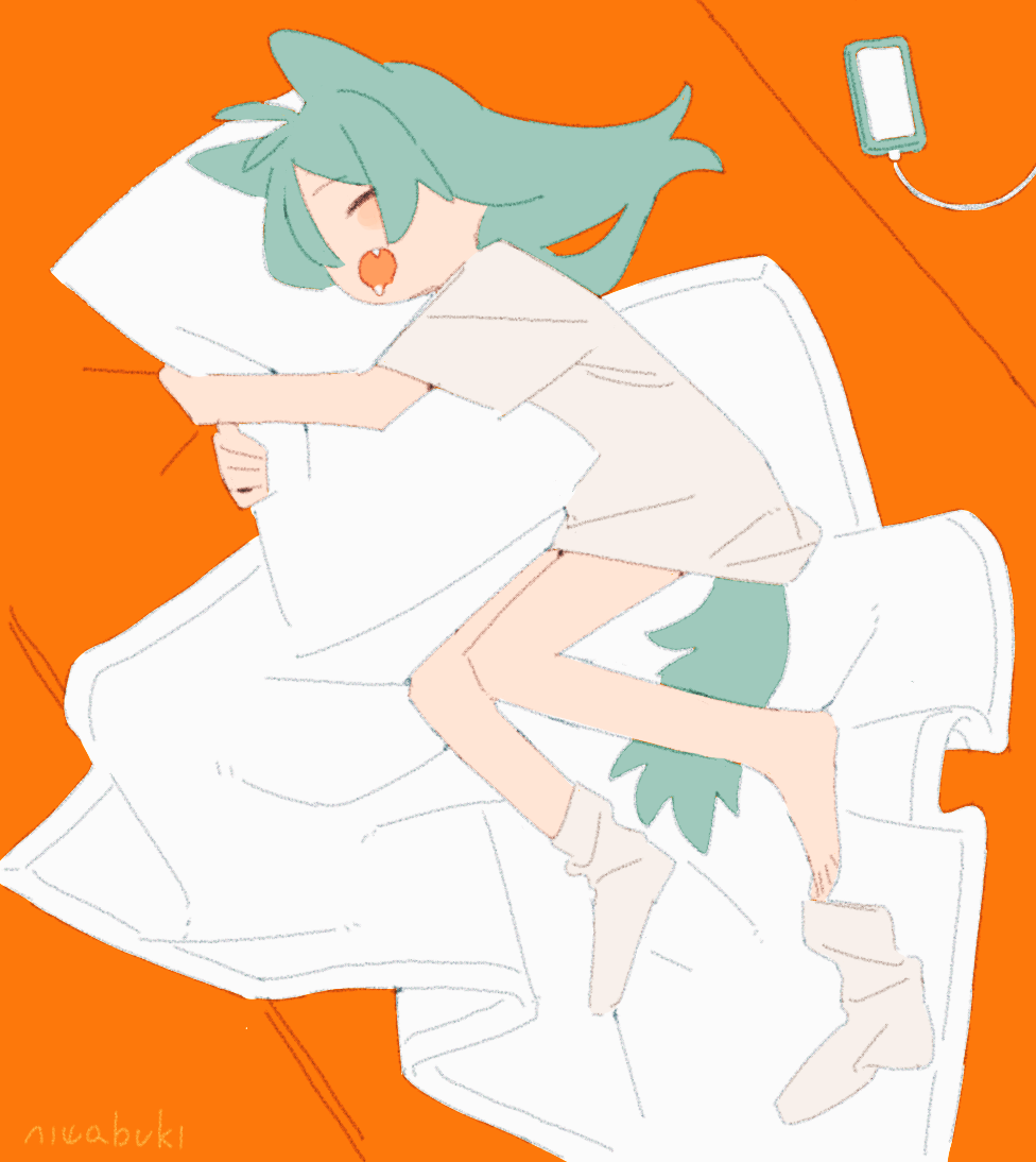 1girl animal_ears antenna_hair aqua_hair bare_legs blanket blush_stickers cat_ears cat_girl cat_tail cellphone closed_eyes drooling eyebrows_visible_through_hair facing_away fang flat_color indoors limited_palette long_hair lying niwabuki object_hug on_side open_mouth orange_background original phone pillow pillow_hug ruka_(niwabuki) shirt short_sleeves signature single_sock sleeping sleepwear smartphone socks solo tail white_legwear white_shirt