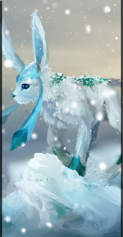 2013 commentary creature day english_commentary gen_4_pokemon glaceon jazzycat looking_away nature no_humans pillarboxed pokemon pokemon_(creature) signature snow snow_cloak_(pokemon) snowing solo standing
