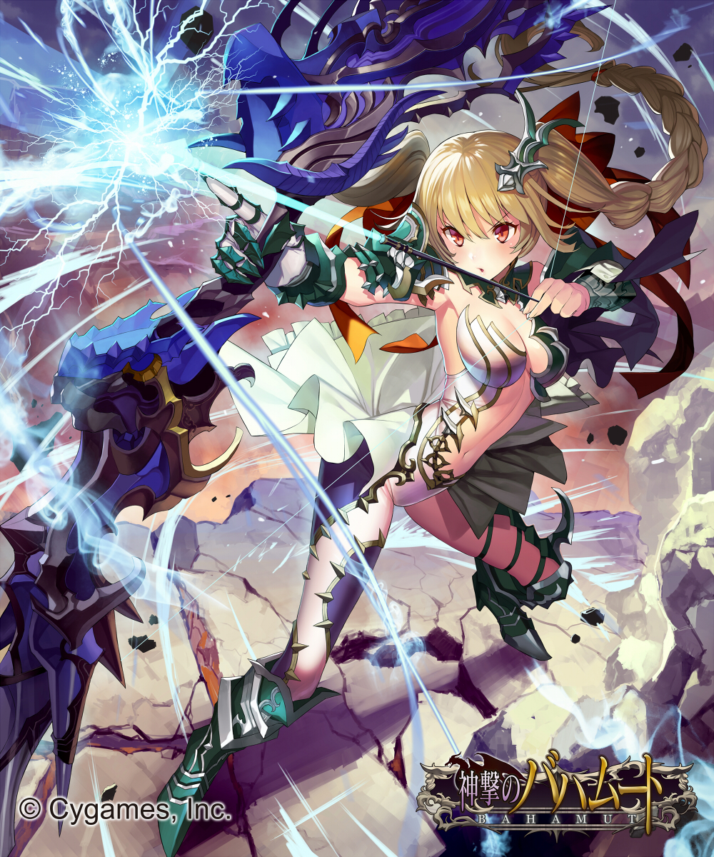 aiming boots bow_(weapon) braid breasts brown_hair dress electricity floating_hair gauntlets hair_ornament high_heel_boots high_heels highres holding holding_bow_(weapon) holding_weapon large_breasts legs_apart logo matsui_hiroaki metal_boots official_art parted_lips red_dress shingeki_no_bahamut standing v-shaped_eyebrows watermark weapon white_dress