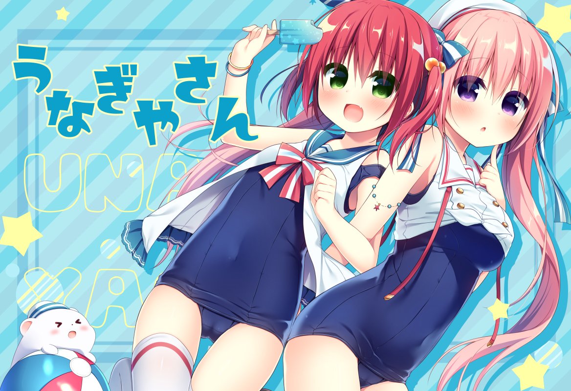 &gt;_&lt; 2girls :d animal bangle bangs bare_shoulders beach blue_background blue_sailor_collar blue_swimsuit blush bow bracelet breasts closed_eyes covered_navel diagonal-striped_background diagonal_stripes dress eyebrows_visible_through_hair food front-tie_top green_eyes hair_between_eyes hair_bobbles hair_bow hair_ornament hanamiya_natsuka holding holding_food jewelry long_hair medium_breasts multiple_girls old_school_swimsuit one-piece_swimsuit open_clothes open_dress open_mouth original parted_lips pink_hair popsicle redhead sailor_collar sailor_dress school_swimsuit shirt shirt_lift sleeveless sleeveless_dress smile star striped striped_background striped_bow swimsuit swimsuit_under_clothes thigh-highs tied_shirt twintails very_long_hair violet_eyes white_dress white_legwear white_shirt