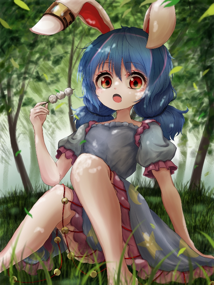 1girl :o animal_ears arm_support arm_up barefoot bloomers blue_dress blue_hair blurry blurry_background commentary crescent_print dango day depth_of_field dress ear_clip eyebrows_visible_through_hair feet_out_of_frame food forest grass hair_between_eyes hill holding_skewer kayon_(touzoku) knees_together_feet_apart leaf leaning_back looking_at_viewer low_twintails nature on_grass on_ground outdoors puffy_short_sleeves puffy_sleeves rabbit_ears red_eyes seiran_(touhou) short_hair short_sleeves sitting skewer solo star star_print symbol_commentary touhou twintails underwear wagashi