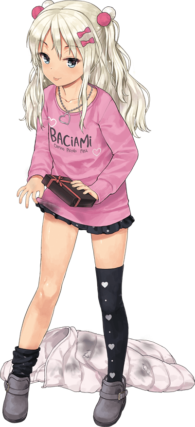 1girl black_legwear black_skirt blonde_hair bow box clothes_writing collarbone full_body gift gift_box grecale_(kantai_collection) green_eyes hair_bow heart heart_print holding holding_gift jacket jewelry jiji kantai_collection long_hair long_sleeves necklace official_art pink_bow pink_shirt pleated_skirt shirt skirt smile solo thigh-highs tongue tongue_out transparent_background valentine white_jacket