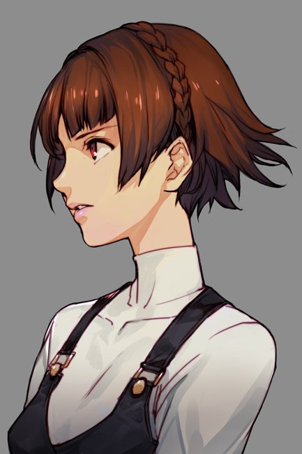 1girl brown_hair hankuri lips niijima_makoto persona persona_5 red_eyes short_hair simple_background solo upper_body