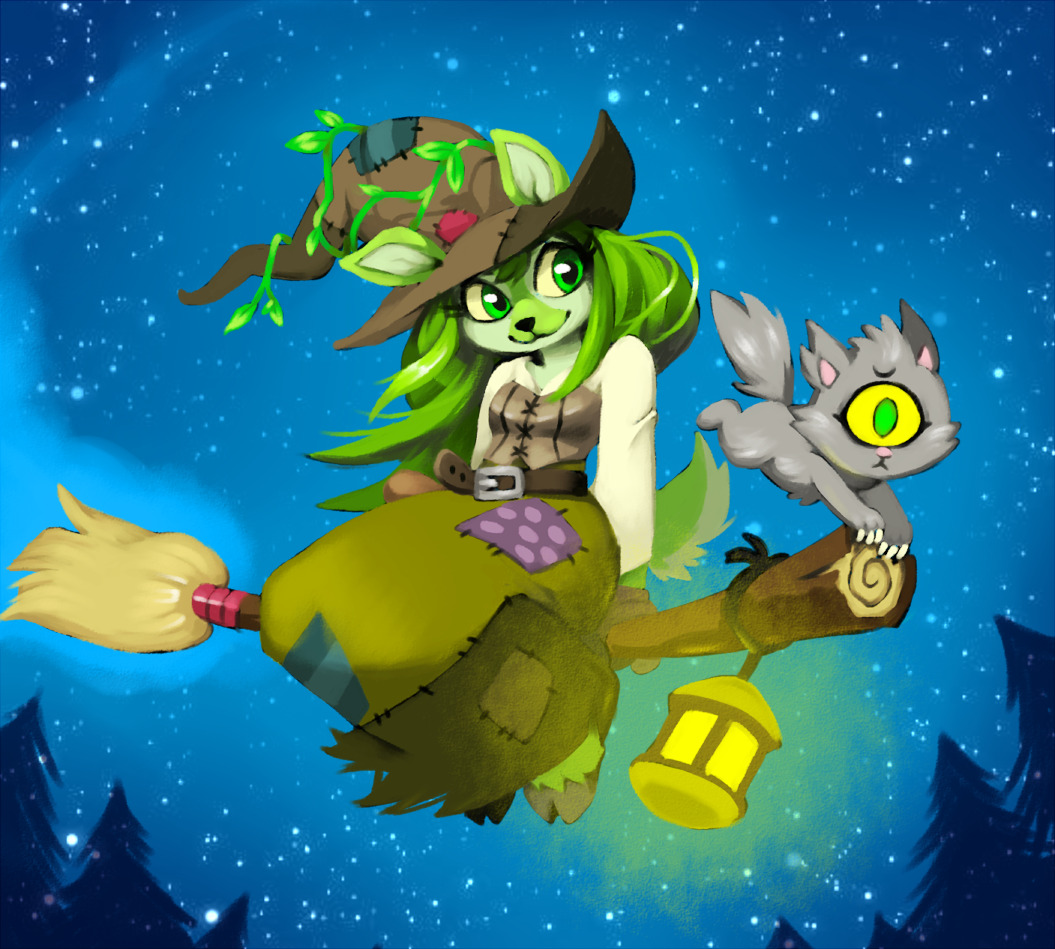 1girl achyfi breasts broom cat commentary dress english_commentary eyelashes flying full_body furry green_eyes green_hair happy hat ixi_(neopets) meowclops neopets night night_sky outdoors petpet pine_tree single_eye sky small_breasts smile sophie_the_swamp_witch star_(sky) starry_sky tree witch witch_hat