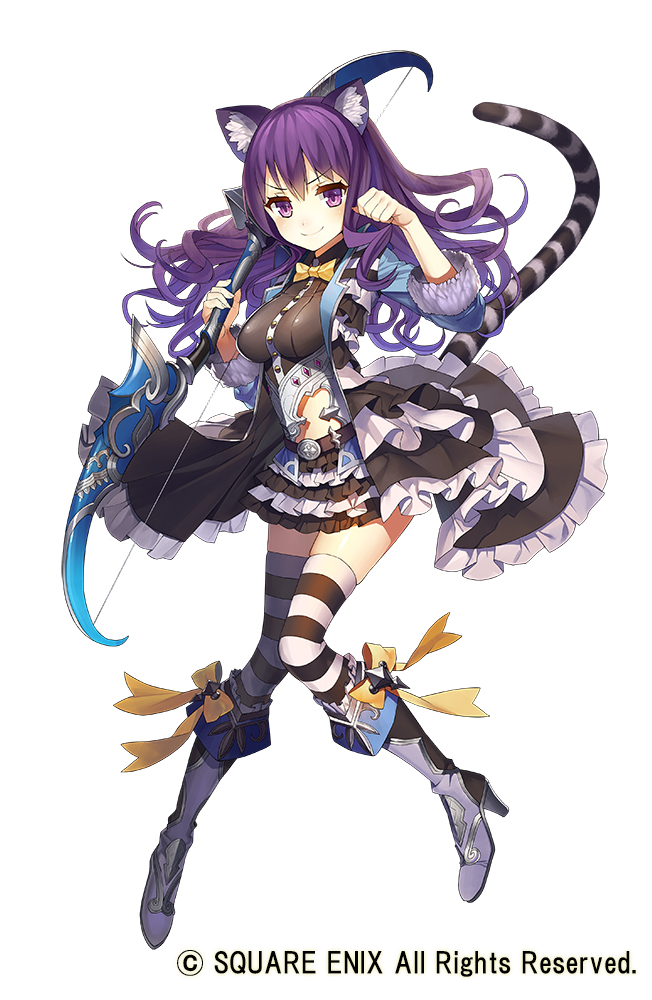 1girl animal_ear_fluff animal_ears black_dress blush boots bow_(weapon) breasts cat_ears cat_girl cat_tail closed_mouth dress eyebrows_visible_through_hair full_body grimms_notes hands_up high_heel_boots high_heels holding holding_bow_(weapon) holding_weapon knee_boots knees_together_feet_apart long_sleeves looking_at_viewer matsui_hiroaki medium_breasts paw_pose purple_hair ribbon short_dress simple_background smile solo striped striped_legwear striped_tail tail thigh-highs violet_eyes watermark weapon white_background yellow_ribbon