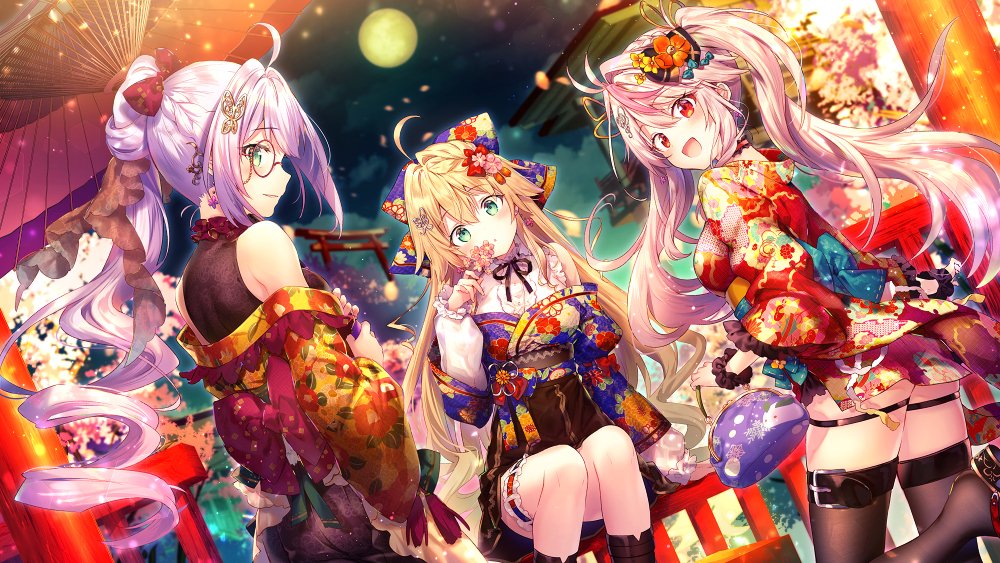 ahoge azur_lane blonde_hair butterfly_hair_ornament flower glasses green_eyes grenville_(azur_lane) hair_flower hair_ornament japanese_clothes kimono l'opiniatre_(azur_lane) le_temeraire_(azur_lane) long_hair moon night oriental_umbrella purple_hair red_eyes riichu thigh-highs thigh_strap umbrella yukata