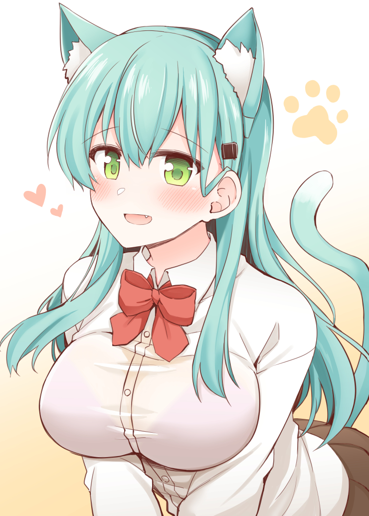 1girl animal_ears aqua_hair blush breasts cat_ears cat_tail green_eyes hair_ornament hairclip heart kantai_collection large_breasts long_hair long_sleeves looking_at_viewer open_mouth paw_background pleated_skirt rui_shi_(rayze_ray) school_uniform shirt skirt smile solo suzuya_(kantai_collection) tail white_shirt