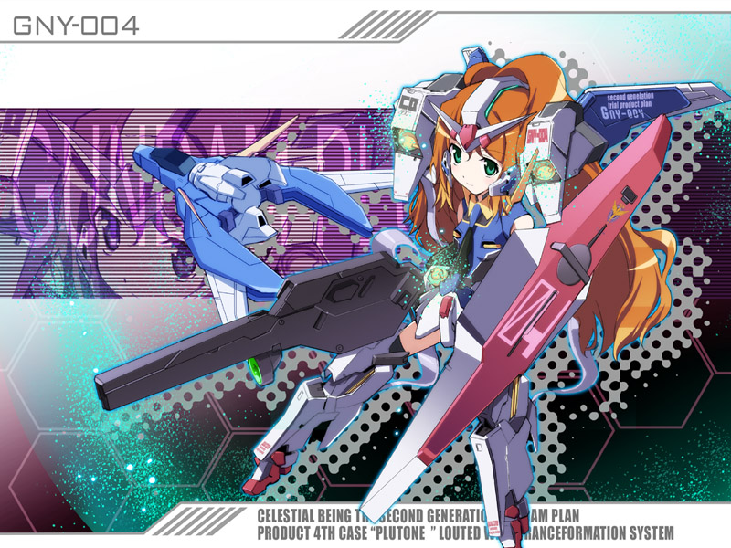 1girl aircraft armor beam_rifle brown_hair celestial_being character_name check_commentary commentary_request core_fighter energy_gun english_text eyebrows_visible_through_hair green_eyes gundam gundam_00p gundam_plutone long_hair mecha_musume okiura shield shiny shiny_hair solo v-fin very_long_hair weapon