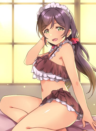 1girl :d bikini black_bikini deyuuku frilled_bikini frills from_side green_eyes hair_ornament hair_scrunchie hand_on_own_head long_hair looking_at_viewer love_live! love_live!_school_idol_project low_twintails maid_bikini maid_headdress navel open_mouth purple_hair red_scrunchie scrunchie sitting smile solo swimsuit toujou_nozomi twintails window