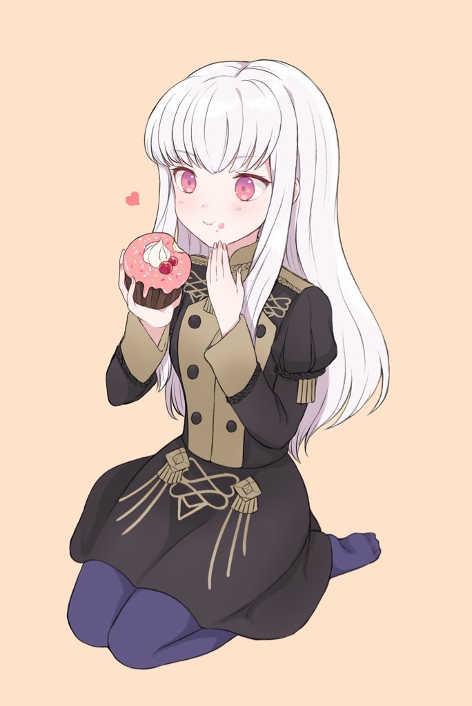 1girl :t akina_(akn_646) bangs black_dress blush brown_background closed_mouth commentary_request cupcake cute dress eating eyebrows_visible_through_hair fire_emblem fire_emblem:_three_houses fire_emblem:_three_houses fire_emblem_16 food food_on_face full_body garreg_mach_monastery_uniform heart holding holding_food intelligent_systems juliet_sleeves loli long_hair long_sleeves lysithea_von_ordelia nintendo pantyhose puffy_sleeves purple_legwear red_eyes simple_background sitting smile soles solo sweets very_long_hair wariza white_hair