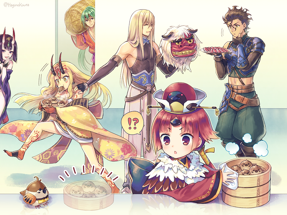!? 3boys 3girls animal bamboo_steamer bangs bare_shoulders benienma_(fate/grand_order) bird black_bow black_gloves black_hair black_shirt black_sleeves blonde_hair blush bow character_request closed_eyes commentary_request detached_sleeves diarmuid_ua_duibhne_(fate/grand_order) earrings eyebrows_visible_through_hair facial_mark fate/grand_order fate_(series) fingerless_gloves fionn_mac_cumhaill_(fate/grand_order) floral_print food food_in_mouth forehead_mark gloves green_hair hagino_kouta headpiece holding holding_plate horns ibaraki_douji_(fate/grand_order) japanese_clothes jewelry kimono long_hair long_sleeves low_ponytail meat mouth_hold multiple_boys multiple_girls notice_lines off_shoulder oni oni_horns parted_bangs parted_lips plate pointy_ears ponytail print_kimono purple_hair purple_kimono red_eyes red_kimono redhead shirt short_sleeves shoulder_grab shuten_douji_(fate/grand_order) sleeveless sleeveless_shirt sleeves_past_wrists sparrow spoken_interrobang v-shaped_eyebrows very_long_hair violet_eyes wide_sleeves yellow_eyes yellow_kimono