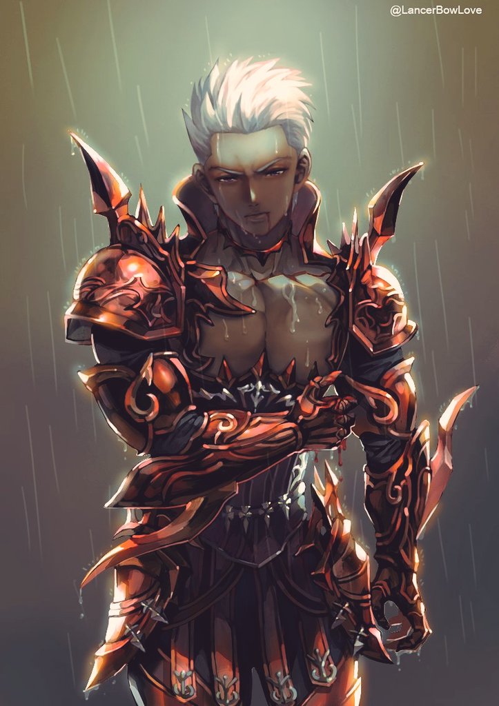 1boy archer armor bare_chest blood blood_in_mouth dark_skin dark_skinned_male fantasy fate/stay_night fate_(series) injury kim_yura_(goddess_mechanic) male_focus rain solo white_hair