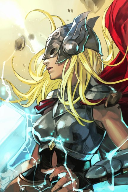 1girl armor blonde_hair breasts cape closed_mouth hammer hankuri helmet long_hair marvel mjolnir solo thor_(jane_foster)