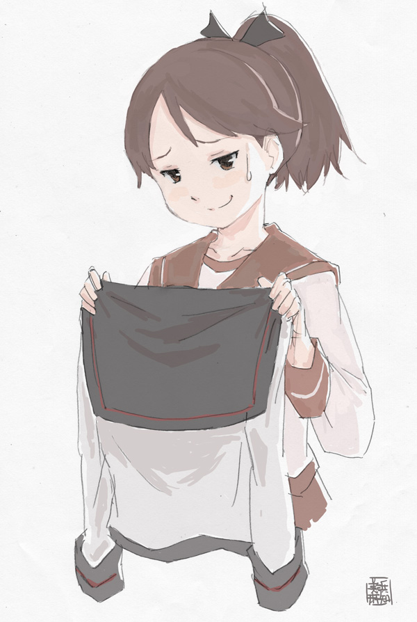 1girl bangs black_sailor_collar blush brown_eyes brown_hair brown_sailor_collar collarbone cropped_torso hair_ribbon holding holding_clothes kantai_collection long_sleeves mihama_machi nervous_smile ribbon sailor_collar school_uniform serafuku shikinami_(kantai_collection) signature simple_background smile solo sweat white_background