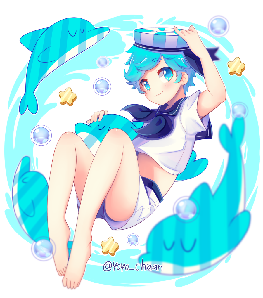 1boy :3 barefoot blue_eyes blue_hair blush bubble cookie_run dolphin eyebrows_visible_through_hair feet full_body hat looking_at_viewer midriff peppermint_cookie sailor sailor_collar sailor_hat shorts solo star twitter_username yoyochaan