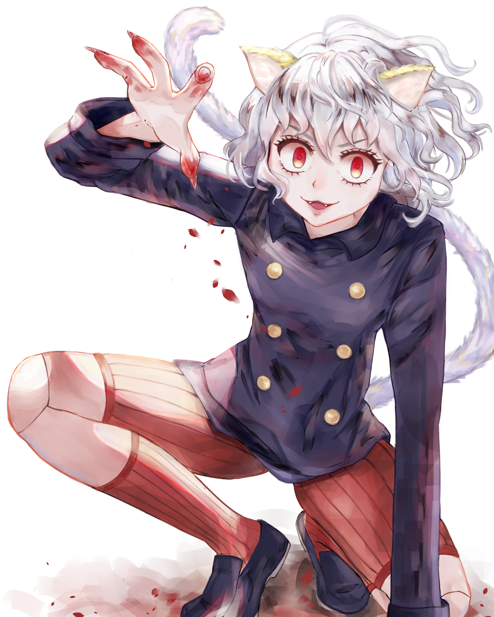 animal_ears blood cat_ears cat_tail claws fang fingers grin highres hunter_x_hunter looking_at_viewer neferpitou red_eyes short_hair simple_background smile solo tail white_background white_hair