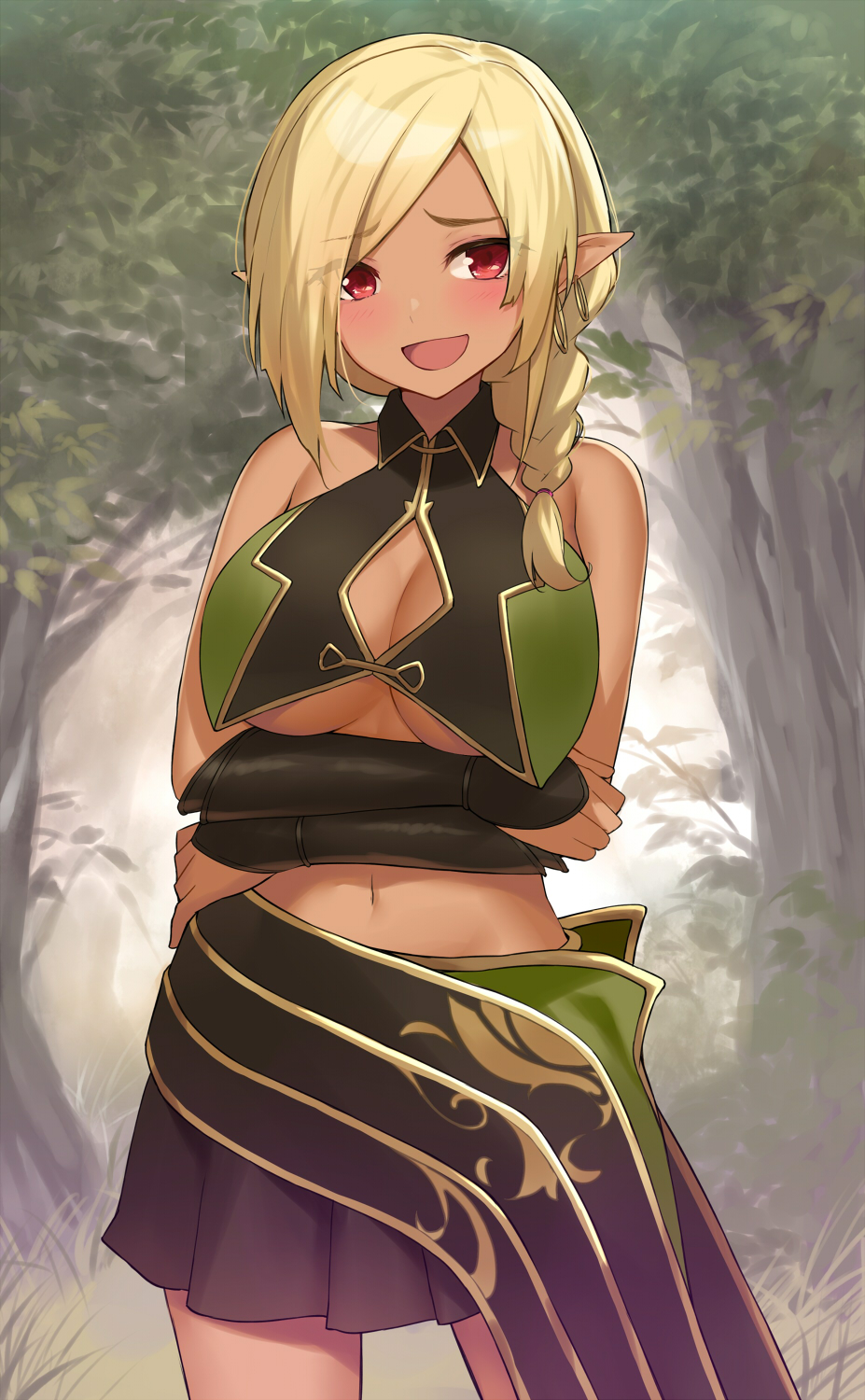 1girl :d arms_under_breasts bare_shoulders blonde_hair bracer braid breasts cccpo cleavage_cutout commentary_request crop_top dark_elf dark_skin day earrings elf eyebrows_visible_through_hair eyes_visible_through_hair hair_tie halterneck highres jewelry large_breasts looking_at_viewer midriff navel open_mouth original outdoors pleated_skirt pointy_ears red_eyes single_braid skirt smile solo standing tree