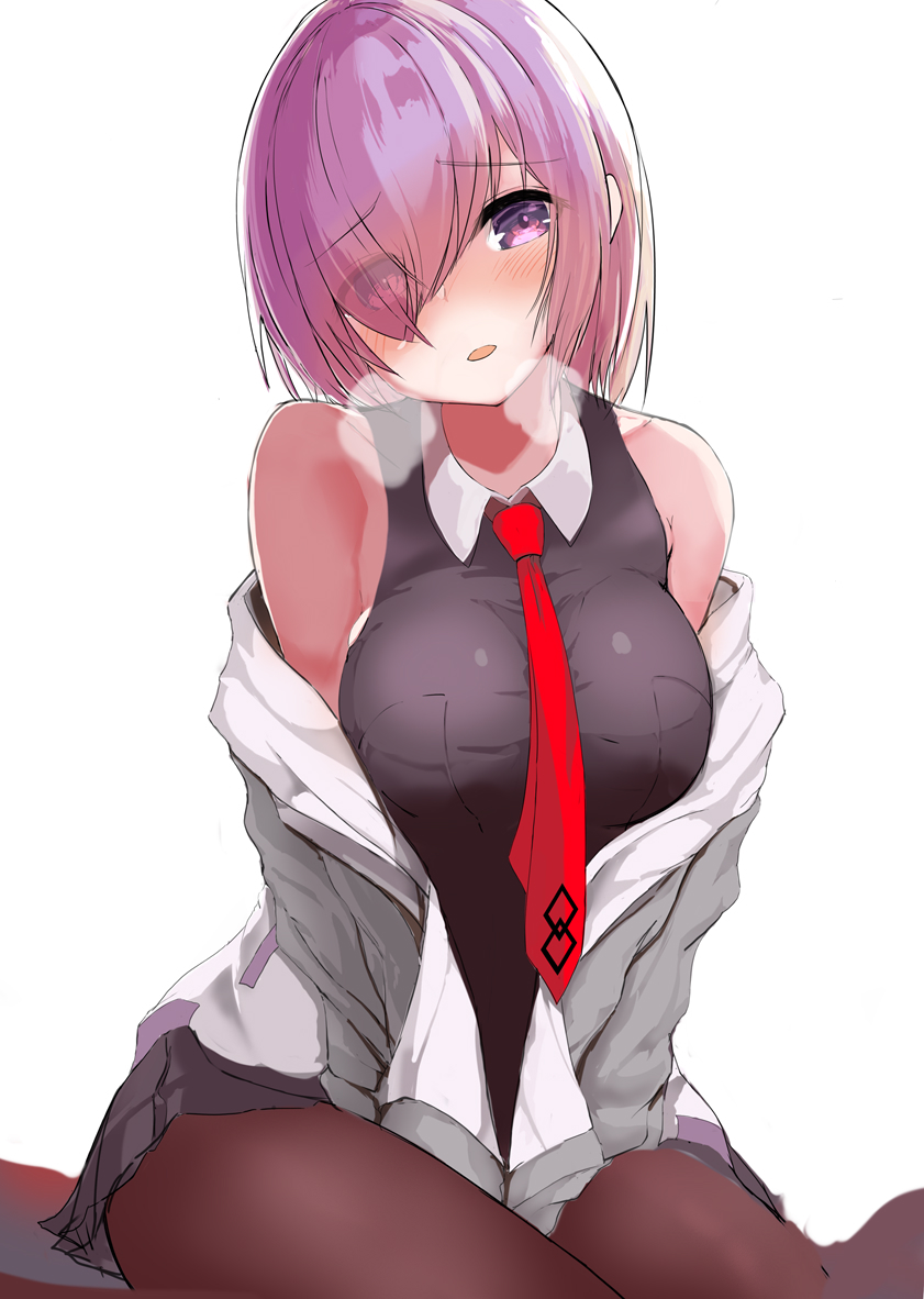 1girl bangs bare_shoulders black_legwear black_skirt blush breasts commentary_request eyebrows_visible_through_hair eyes_visible_through_hair fate/grand_order fate_(series) hair_over_one_eye large_breasts looking_at_viewer mash_kyrielight necktie nigouu open_mouth pantyhose purple_hair red_neckwear short_hair simple_background skirt smile solo violet_eyes white_background