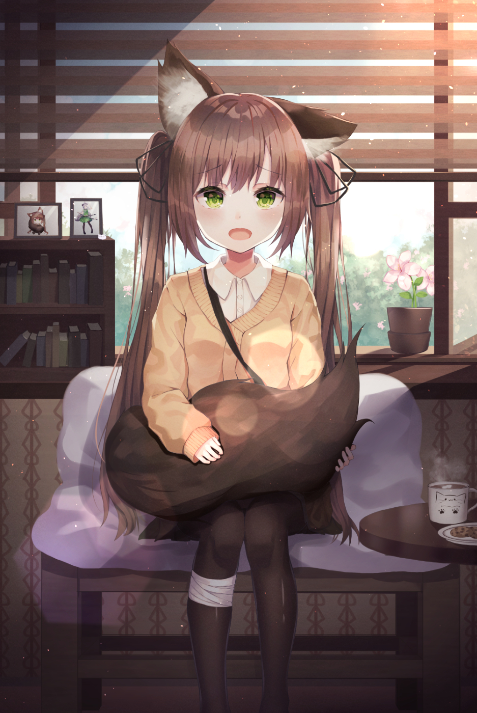 1girl animal_ear_fluff animal_ears bandaged_leg bandages black_legwear black_ribbon black_skirt blush brown_cardigan brown_hair cardigan chocolate_chip_cookie commentary cookie cup day flower flower_pot food green_eyes hair_ribbon highres indoors long_hair long_sleeves looking_at_viewer mug open_mouth original pantyhose pink_flower plant pleated_skirt potted_plant ribbon romaji_commentary saucer shiro_(acad1213) sidelocks sitting skirt sleeves_past_wrists solo tail tail_hug twintails very_long_hair wings