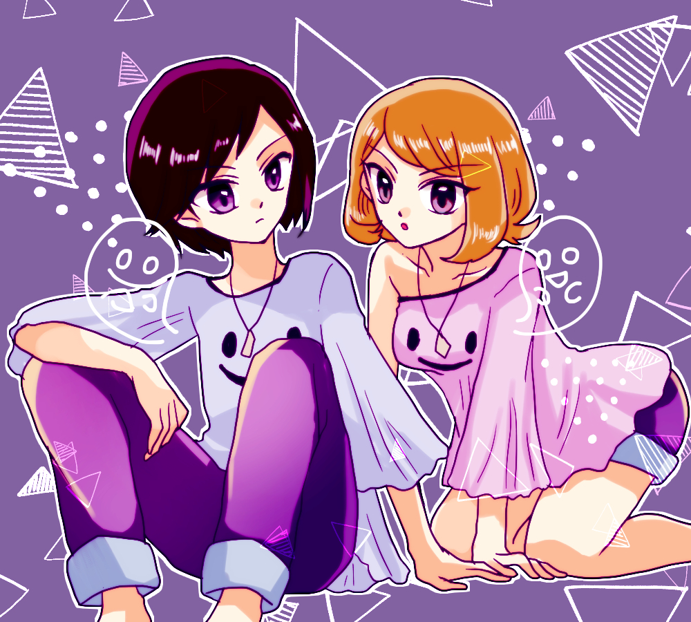 1boy 1girl abstract_background all_fours asymmetrical_bangs asymmetrical_clothes bangs blonde_hair breasts feet_out_of_frame hibikileon jewelry pants pendant pink_shirt pokemon pokemon_special purple_background purple_pants purple_shorts purple_theme shirt short_hair shorts sitting small_breasts violet_eyes x_(pokemon) y_na_gaabena