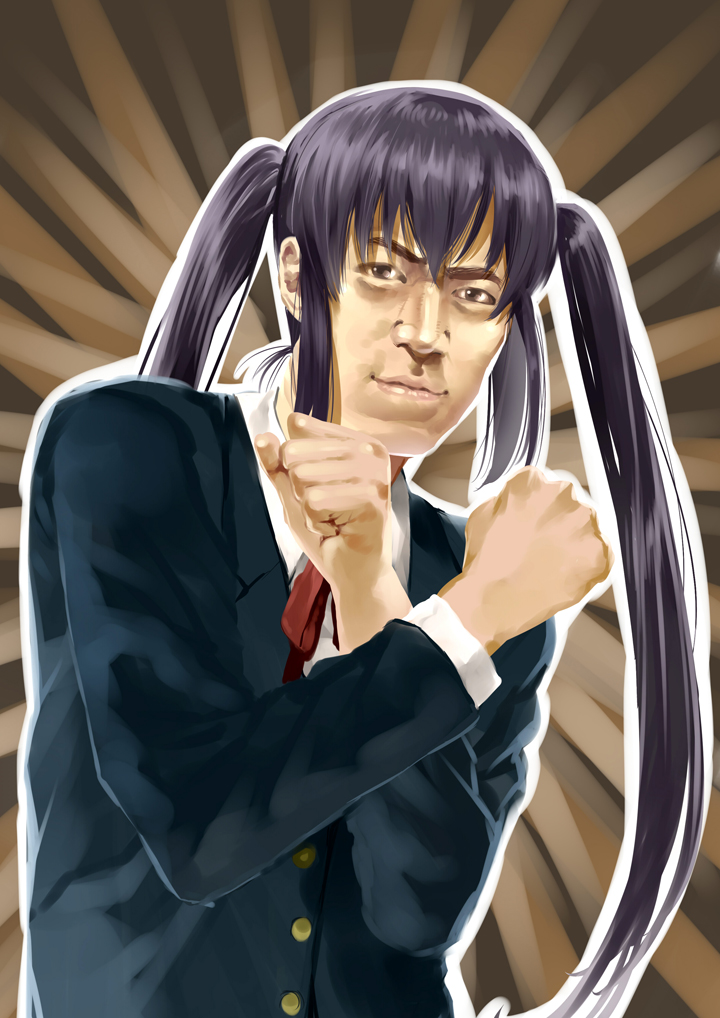 1girl azuma_takahiro bangs blue_jacket brown_background brown_eyes clenched_hands closed_mouth commentary_request emphasis_lines hands_up hobunsha jacket k-on! kyoto_animation long_hair long_sleeves looking_at_viewer manly matsui_hiroaki nakano_azusa neck_ribbon parody purple_hair real_life realistic red_ribbon ribbon school_uniform shirt sidelocks smile solo twintails upper_body very_long_hair what white_shirt