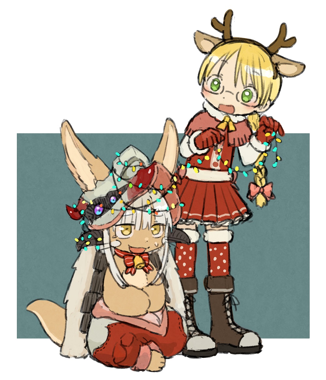 1girl 1other alternate_costume alternate_hairstyle androgynous blonde_hair blush boots bow braid brown_footwear christmas_lights cross-laced_footwear furry glasses green_eyes highres kawasemi27 lace-up_boots looking_at_another made_in_abyss nanachi_(made_in_abyss) open_mouth red_bow red_legwear red_skirt riko_(made_in_abyss) skirt smile thigh-highs white_hair yellow_eyes