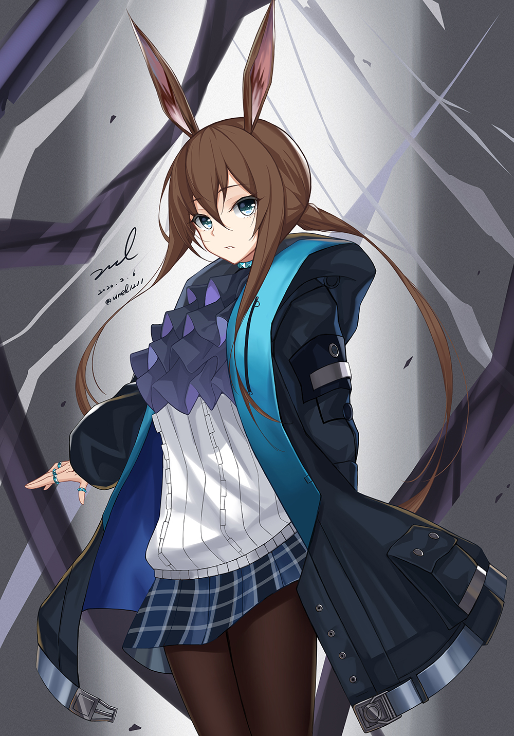 1girl amiya_(arknights) animal_ears arknights ascot black_jacket blue_eyes blue_skirt brown_hair brown_legwear cowboy_shot dated highres hood hood_down hooded_jacket jacket jewelry long_hair looking_at_viewer miniskirt open_clothes open_jacket pantyhose parted_lips plaid plaid_skirt ponytail rabbit_ears ring shirt signature skirt solo twitter_username unel white_shirt