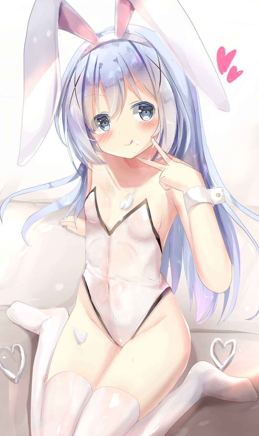 1girl :q animal_ears arm_support bangs bare_shoulders blue_eyes blue_hair blush breasts closed_mouth commentary_request covered_navel eyebrows_visible_through_hair fake_animal_ears food_on_body gochuumon_wa_usagi_desu_ka? groin hair_between_eyes hair_ornament hairband hand_up heart highres kafuu_chino leotard long_hair na!?_(naxtuyasai) no_shoes rabbit_ears sitting small_breasts smile solo strapless strapless_leotard thigh-highs tongue tongue_out v very_long_hair wariza white_hairband white_legwear white_leotard wrist_cuffs x_hair_ornament