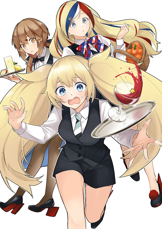 alternate_costume bare_legs blonde_hair blue_eyes breasts collared_shirt commandant_teste_(kantai_collection) comptiq cup drinking_glass gambier_bay_(kantai_collection) large_breasts morinaga_miki necktie shirt skirt tray twintails vest white_shirt wine_glass