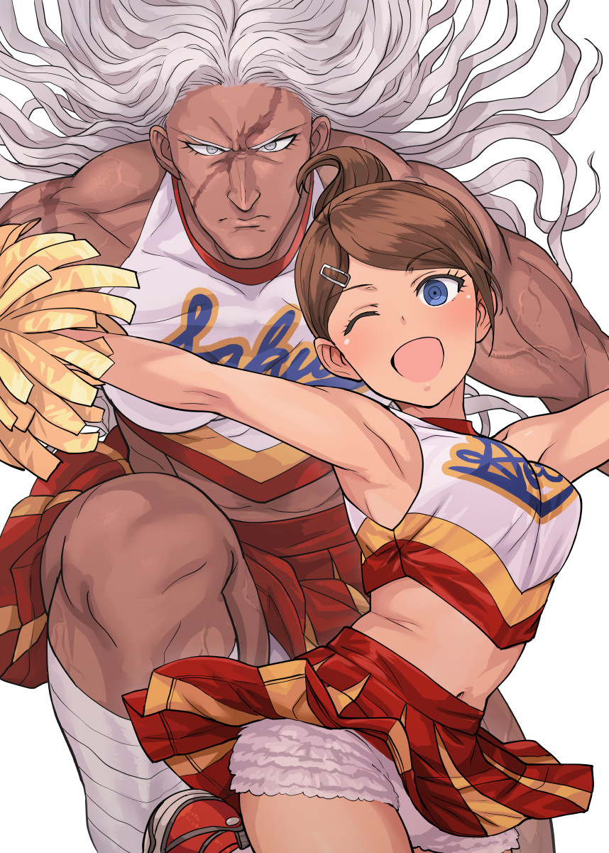 2girls armpits asahina_aoi bloomers blue_eyes breasts brown_hair cheerleader closed_mouth dangan_ronpa dangan_ronpa_1 dark_skin hair_ornament hairclip highres long_hair looking_at_viewer midriff multiple_girls muscle muscular_female navel one_eye_closed oogami_sakura open_mouth pom_poms ponytail scar short_hair simple_background skirt sleeveless smile tsurui underwear white_background white_hair