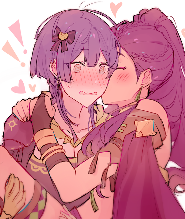 2girls @_@ bernadetta_von_varley blush bracelet closed_eyes earrings fire_emblem fire_emblem:_three_houses from_side gloves hair_ornament jewelry kvlen multiple_girls open_mouth petra_macneary purple_hair simple_background white_background yellow_gloves yuri