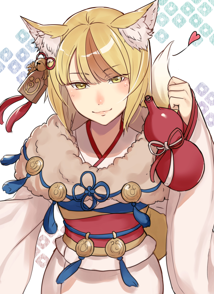 1girl animal_ears blonde_hair brown_hair closed_mouth fire_emblem fire_emblem_fates fire_emblem_heroes fox_ears fox_tail hair_ornament haru_(nakajou-28) highres japanese_clothes kimono long_sleeves multicolored_hair obi sash selkie_(fire_emblem) smile solo streaked_hair tail upper_body wide_sleeves yellow_eyes