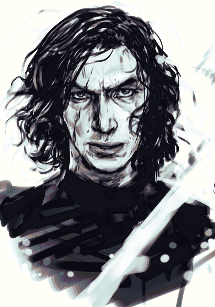 1boy angry black_hair blood cloak face greyscale hankuri kylo_ren lips looking_at_viewer male_focus monochrome portrait scar short_hair simple_background sith solo star_wars star_wars:_the_force_awakens white_background