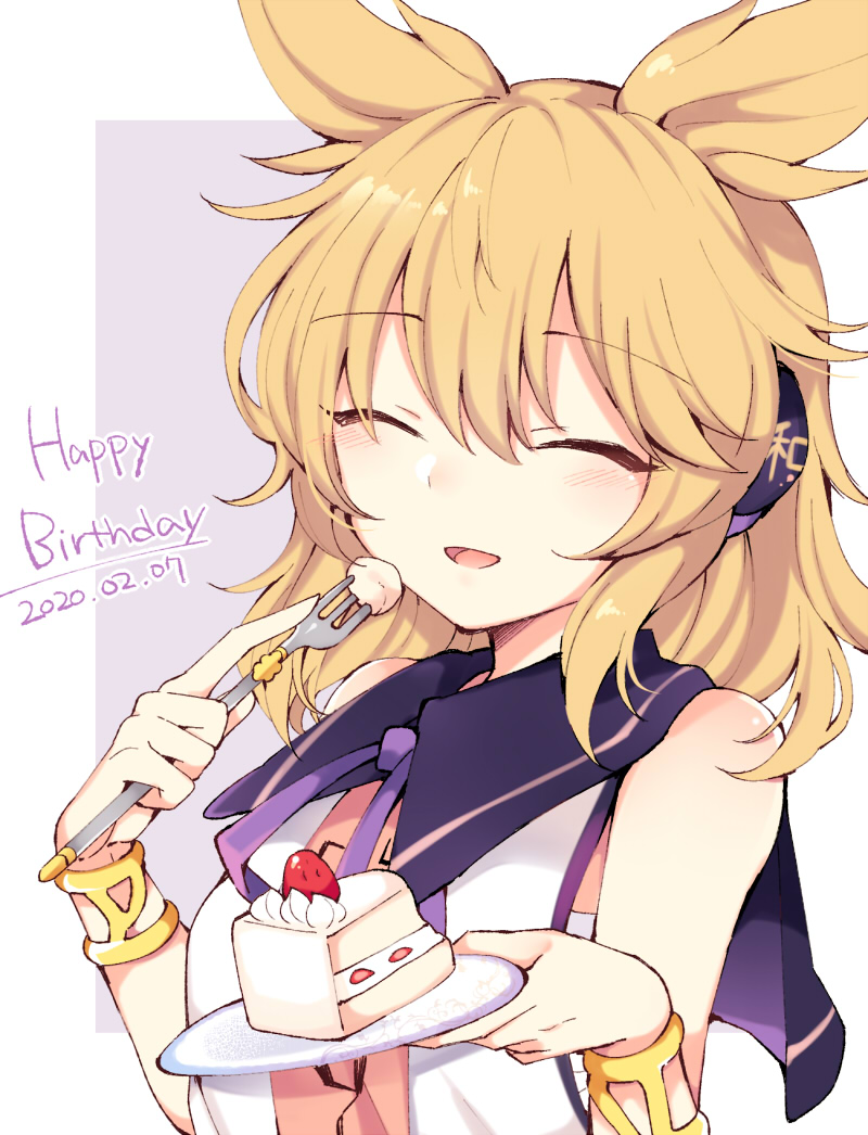 1girl :d ^_^ bangs bare_shoulders blonde_hair blush bracelet closed_eyes commentary_request dated earmuffs eyebrows_visible_through_hair food fork hair_between_eyes hands_up happy_birthday holding holding_fork holding_plate jewelry open_mouth plate pointy_hair sarashi short_hair sleeveless smile solo strawberry_shortcake tama_(soon32281) touhou toyosatomimi_no_miko upper_body