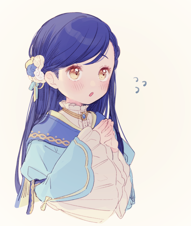 1girl :o bangs blue_cape blue_hair blush braid braided_bangs brooch cape child dress flower flying_sweatdrops formal hair_flower hair_ornament hair_ribbon half_updo honzuki_no_gekokujou jewelry long_hair long_sleeves looking_away maine_(honzuki_no_gekokujou) own_hands_together ribbon rinndouk simple_background solo swept_bangs upper_body yellow_eyes