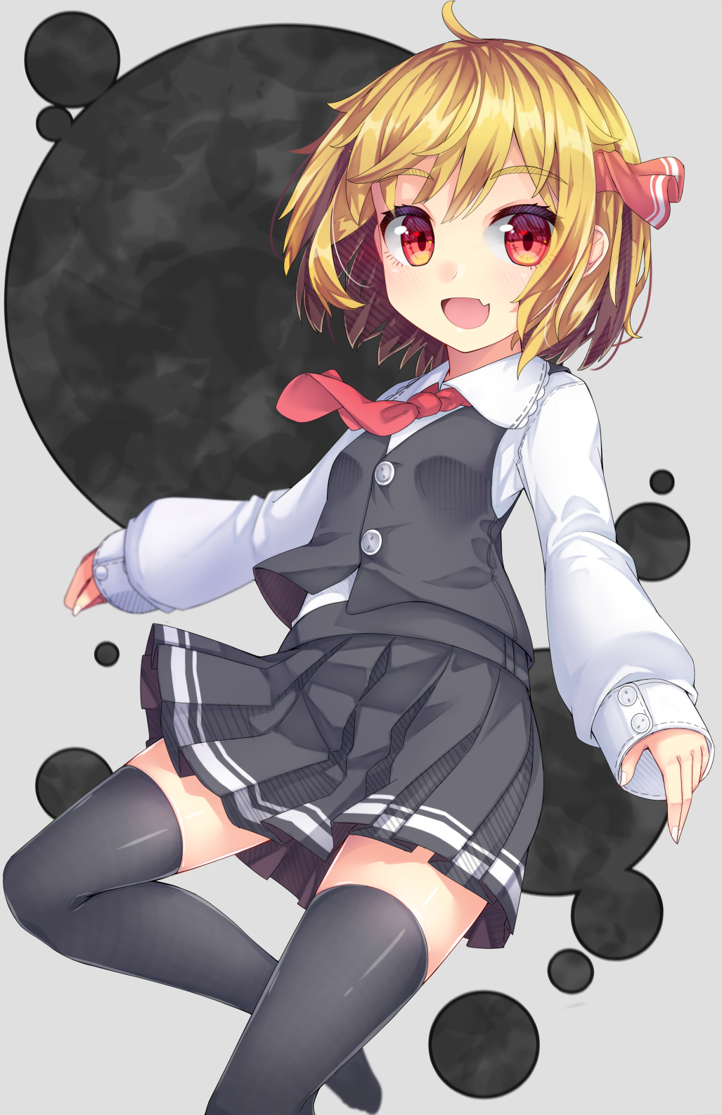 1girl black_legwear black_skirt black_vest blonde_hair commentary_request fang grey_background hair_ribbon highres light_blush long_sleeves looking_at_viewer open_mouth pleated_skirt red_eyes red_neckwear red_ribbon ribbon rumia shirt short_hair skin_fang skirt smile solo thigh-highs touhou uumaru vest white_shirt