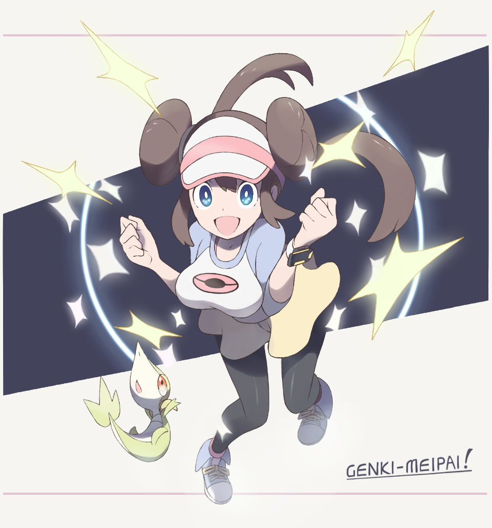 1girl black_legwear blue_eyes bow breasts brown_hair double_bun hat large_breasts legwear_under_shorts long_hair looking_at_viewer mei_(pokemon) nomura_(buroriidesu) open_mouth pantyhose pink_bow pokemon pokemon_(creature) pokemon_(game) pokemon_bw2 raglan_sleeves shorts smile solo twintails visor_cap