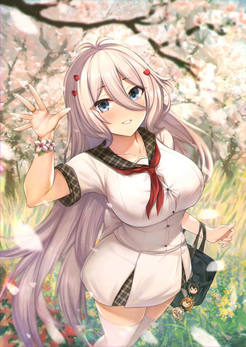 1girl ahoge bag bangs blue_eyes blush branch breasts button_gap character_request cherry_blossoms collarbone commentary_request eyebrows_visible_through_hair flower fou_zi from_above grin hair_between_eyes hair_ornament hairclip highres jewelry kokkoro_(princess_connect!) large_breasts long_hair looking_at_viewer miniskirt princess_connect! ring school_bag school_uniform serafuku short_sleeves silver_hair skirt smile thigh-highs thighs very_long_hair