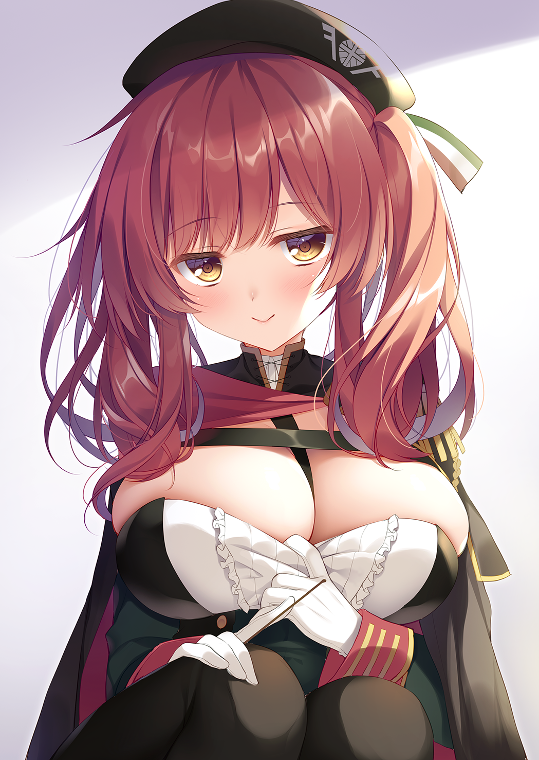 1girl azur_lane bangs beret between_breasts black_headwear black_legwear breasts cape closed_mouth commentary_request dress epaulettes eyebrows_visible_through_hair gloves hat highres italian_flag large_breasts long_hair looking_at_viewer redhead shrug_(clothing) solo strapless strapless_dress twintails white_gloves yatanukikey yellow_eyes zara_(azur_lane)