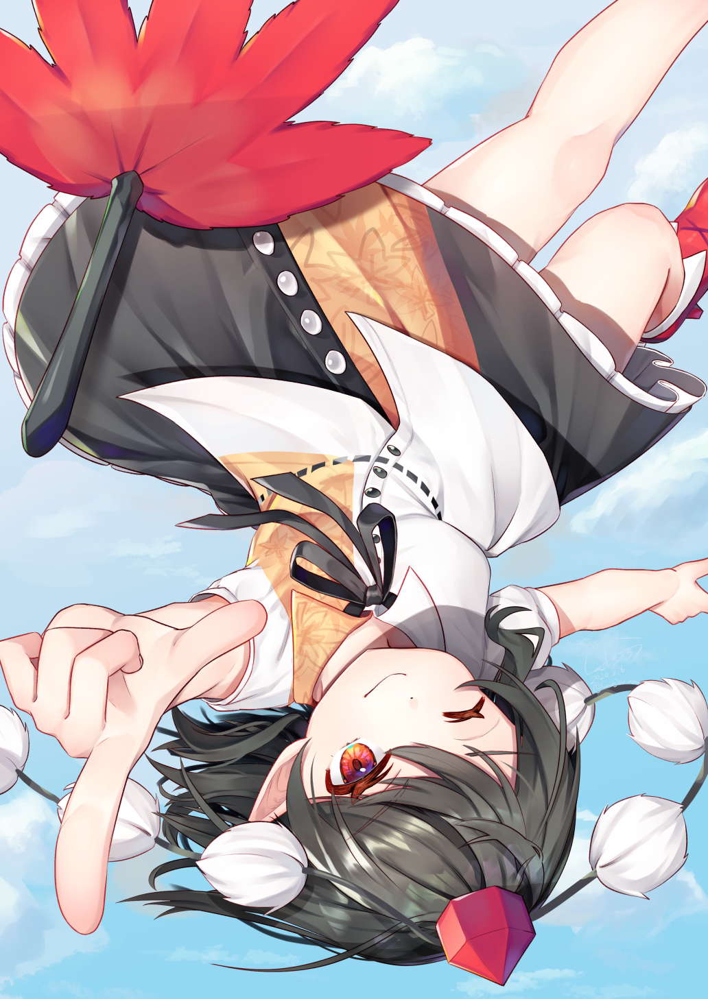 1girl black_hair black_neckwear black_ribbon black_skirt blue_sky clouds eyebrows_visible_through_hair feather_fan floating folded_leg foot_out_of_frame geta gunjou_row hair_between_eyes hat highres looking_at_viewer one_eye_closed outstretched_arms petticoat pointing pointing_at_viewer pom_pom_(clothes) puffy_short_sleeves puffy_sleeves red_eyes red_footwear red_headwear ribbon shameimaru_aya shirt short_hair short_sleeves skirt sky smile solo spread_arms tengu-geta tokin_hat touhou two-tone_shirt untucked_shirt upside-down